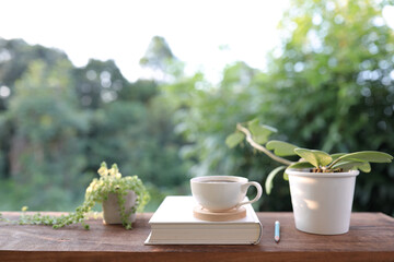 Oriental brown clay tea pot with wooden cup and small green plant pot 
