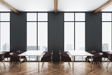 Minimalistic cafe interior with panoramic city view