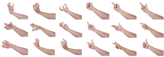 Group of Male asian hands gestures isolated over the white background. Many Action.