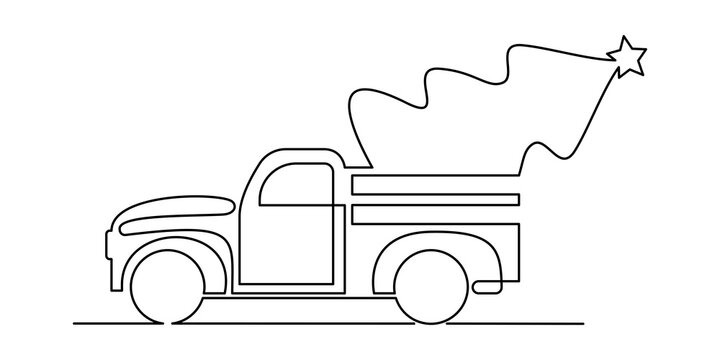 recommend clip art: Retro pickup truck with christmas tree, continuous line. Vector illustration, isolated on white background.