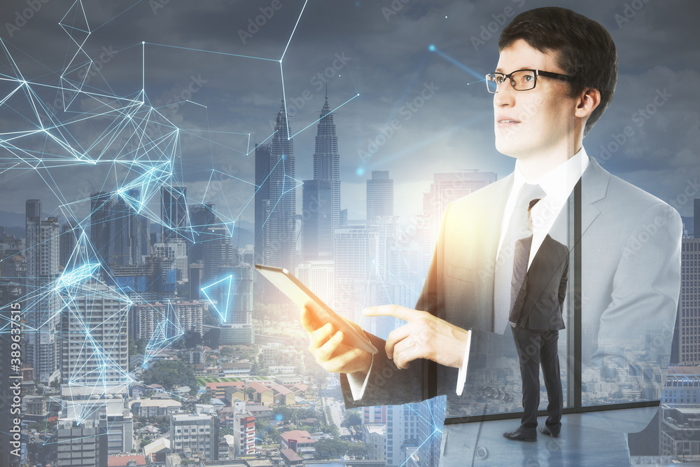 Poster businessman using digital tablet with polygonal interface
