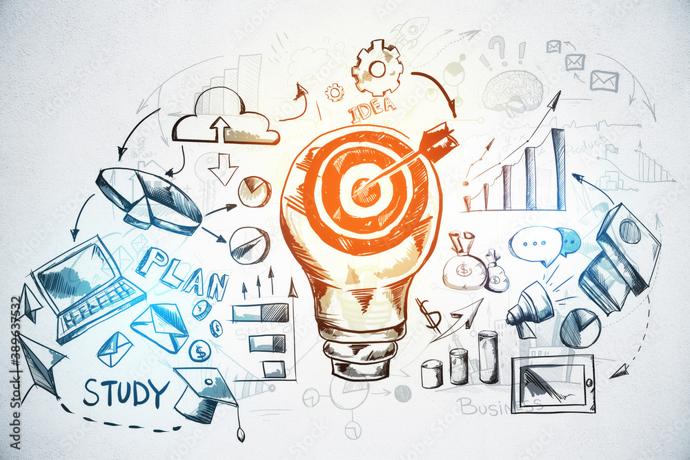 Poster Business sketch with chart and target lamp