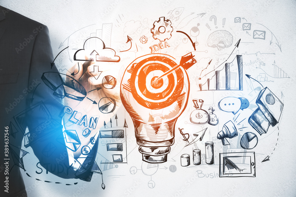Poster hand drawing business sketch with chart and target lamp
