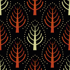 Fototapeta na wymiar Summer solstice trees folk art seamless vector pattern background. Modern Scandinavian forest red green motifs on black backdrop. Hand drawn stylized textured geometric damask style all over print.