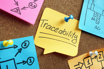 Memo stick with traceability word and other with business graphs. - obrazy, fototapety, plakaty