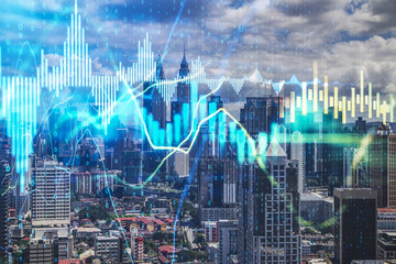 Stock analytics hologram on modern city background.