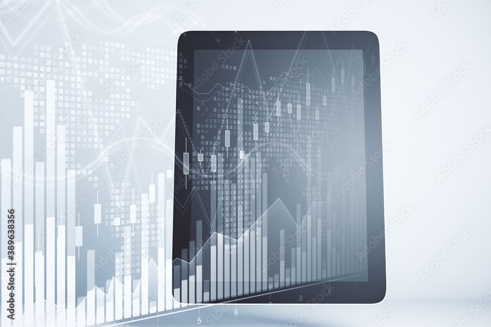 Poster Digital tablet with blank screen and stock analytics interface.