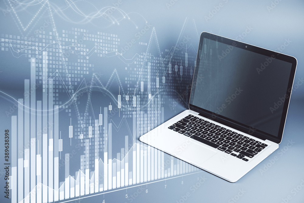 Poster laptop computer with stock chart and financial analytics.