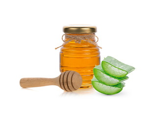 Honey and aloe vera on white background.