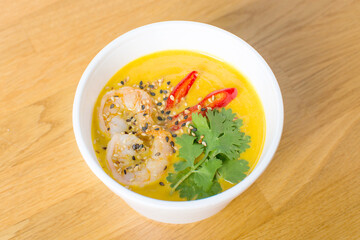 Pumpkin soup for Christmas brunch or dinner. Selective focus