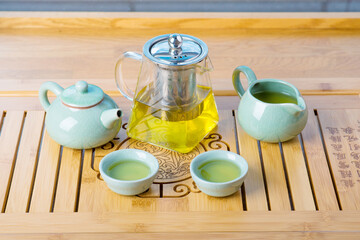 Chinese tea set with pot and cups on white. tea ceremony tableware set