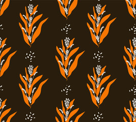 Abstract Hand Drawing Lavender Flowers Wheat Cereal and Leaves Repeating Vector Pattern Isolated Background