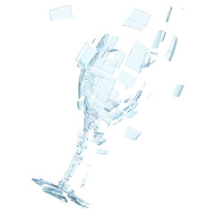 Transparent wine glass broken in to pieces isolated on white background. 3D illustration.