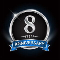 Celebrating 8th years anniversary logo with silver ring and blue ribbon.