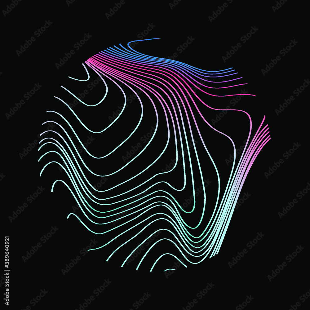 Poster sphere with glitchy and distorted surface of lines on dark background. abstract technology illustrat
