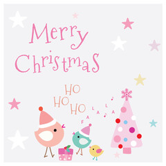 Cute colorful Merry Christmas greeting card with lettering. Happy birds with Santa hats, stars, present and pink Xmas tree illustration on white background. Vector design element. Great for stickers