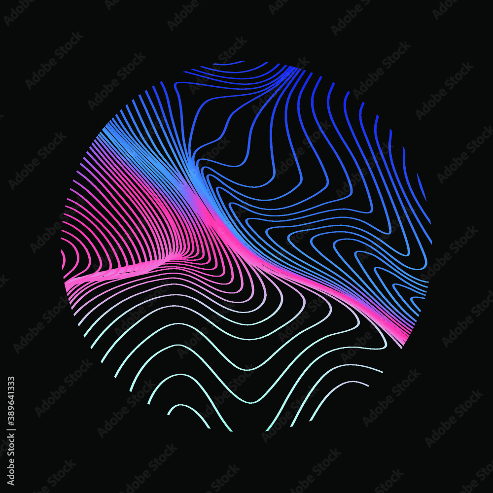 Poster sphere with glitchy and distorted surface of lines on dark background. abstract technology illustrat