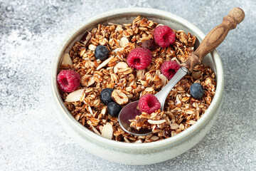 Homemade Granola with fresh berries. Healthy Breakfast.