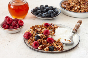 Homemade Granola with fresh berries. Healthy Breakfast.