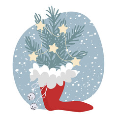 Santa's shoe with fir tree branches , stars and bells on  blue background with snow fall. Vector illustration