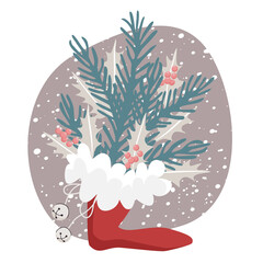 Santa's shoe with fir tree branches , holly leaves and bells on  beige background with snow fall. Vector illustration