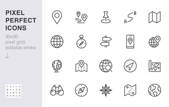 Location line icon set. Compass, travel, globe, map, geography, earth, distance, direction minimal vector illustration. Simple outline sign navigation app ui 30x30 Pixel Perfect Editable Stroke