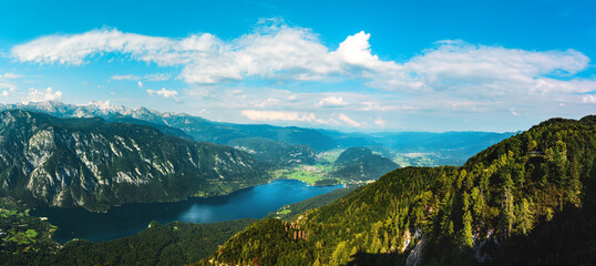 Fototapeta premium Aerial view of Lake Bohinj in Slovenia stitched panorama