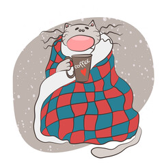 Funny cat wrapped in a red blue blanket with a cup of coffee vector illustration