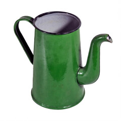 Old metal enameled tea coffee pot of green color isolate on a white background.