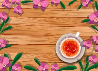 Top view of blank wooden table with a cup of tea and leaves and pink orchids element