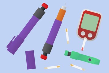 Medical backdrop design concept. Colorful glucometer, insulin pen, lancets and test strips.