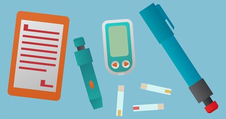 Medical design concept. Colorful glucometers, insulin pen, lancets and test strips.