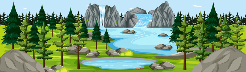 Nature park with waterfall landscape panorama scene