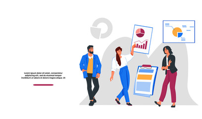 Business and finance topic website banner template with business people leading presentation or making financial report. Financial statistics and analytics web page, flat vector illustration.