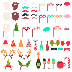 Christmas photo booth props and carnival masks vector cartoon icons set isolated on a white background. © Roi_and_Roi