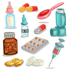Medicine pills and tablets vector cartoon set isolated on a white background.