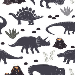 Vector seamless pattern with cute different dinosaurs, plants and volcano. Cartoon landscape of Jurassic period with dino. Pastel texture for kids wallpaper, fabrics and different surfaces © Toltemara