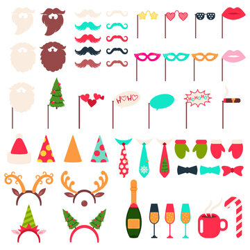 Christmas photo booth props and carnival masks vector cartoon icons set isolated on a white background.