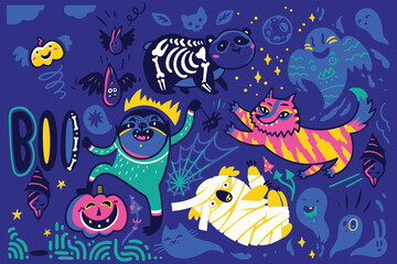 Halloween vector illustration with sloth, panda, koala and tiger in the costumes