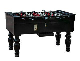 Vintage wooden table soccer or table football, token slot, keypad, isolated image on the white...