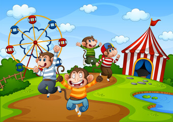 Obraz na płótnie Canvas Five little monkeys jumping in the amusement park scene