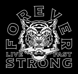 B&W Tiger with Lightning Illustration with A Slogan Artwork on Black Background for Apparel or Other Uses
