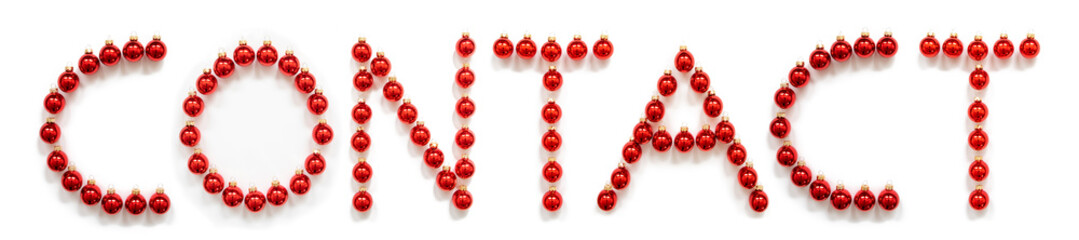 Red Christmas Ball Ornament Building English Word Contact. Festive Christmas Decoration. White Isolated Background