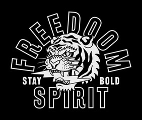B&W Tiger with Lightning Illustration with A Slogan Artwork on Black Background for Apparel or Other Uses