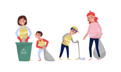 People Characters Volunteers Picking Up Litter in Sack Vector Illustration Set