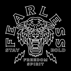 B&W Outline Tiger Head Illustration with A Slogan Artwork on Black Background for Apparel or Other Uses