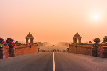 Silhouette of triumphal arch architectural style war memorial during hazy morning. Pollution level...
