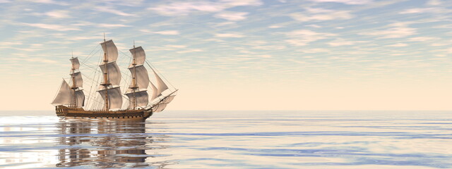 Beautiful detailed old merchant ship by sunset - 3D render - 389645554