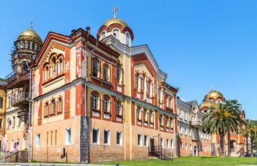 Fototapeta na wymiar New Athon, Abkhazia - June 10, 2015: Cathedral of St. Panteleimon the Great Martyr in the New Athos Monastery. The cathedral, built in 1888-1900, is the largest monastery of Abkhazia.