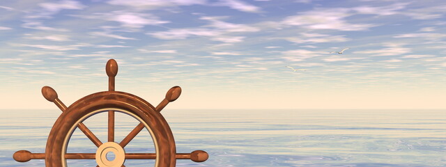 Steering wheel of a ship in front of the sea at sunset - 3D render © Elenarts